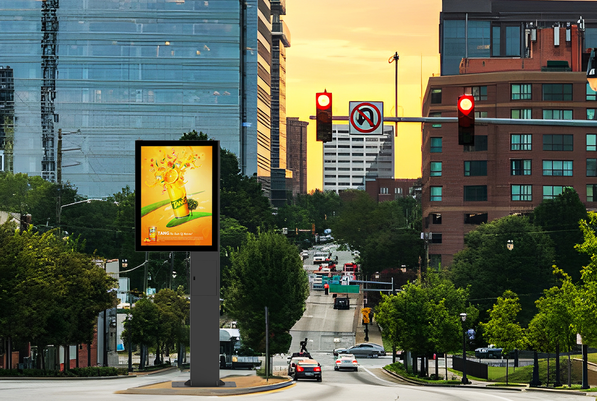 Smart City Double-sided DOOH Signs: Static on one side, LED Digital on the other.