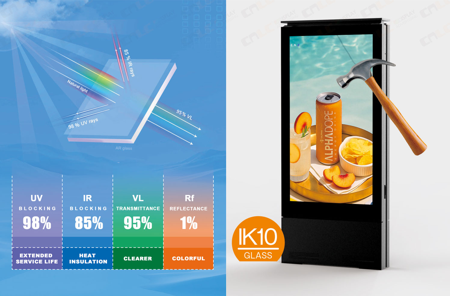 IK10-rated laminated safety glass on bus stop LED totem with anti-reflective coating for clear visuals and impact resistance