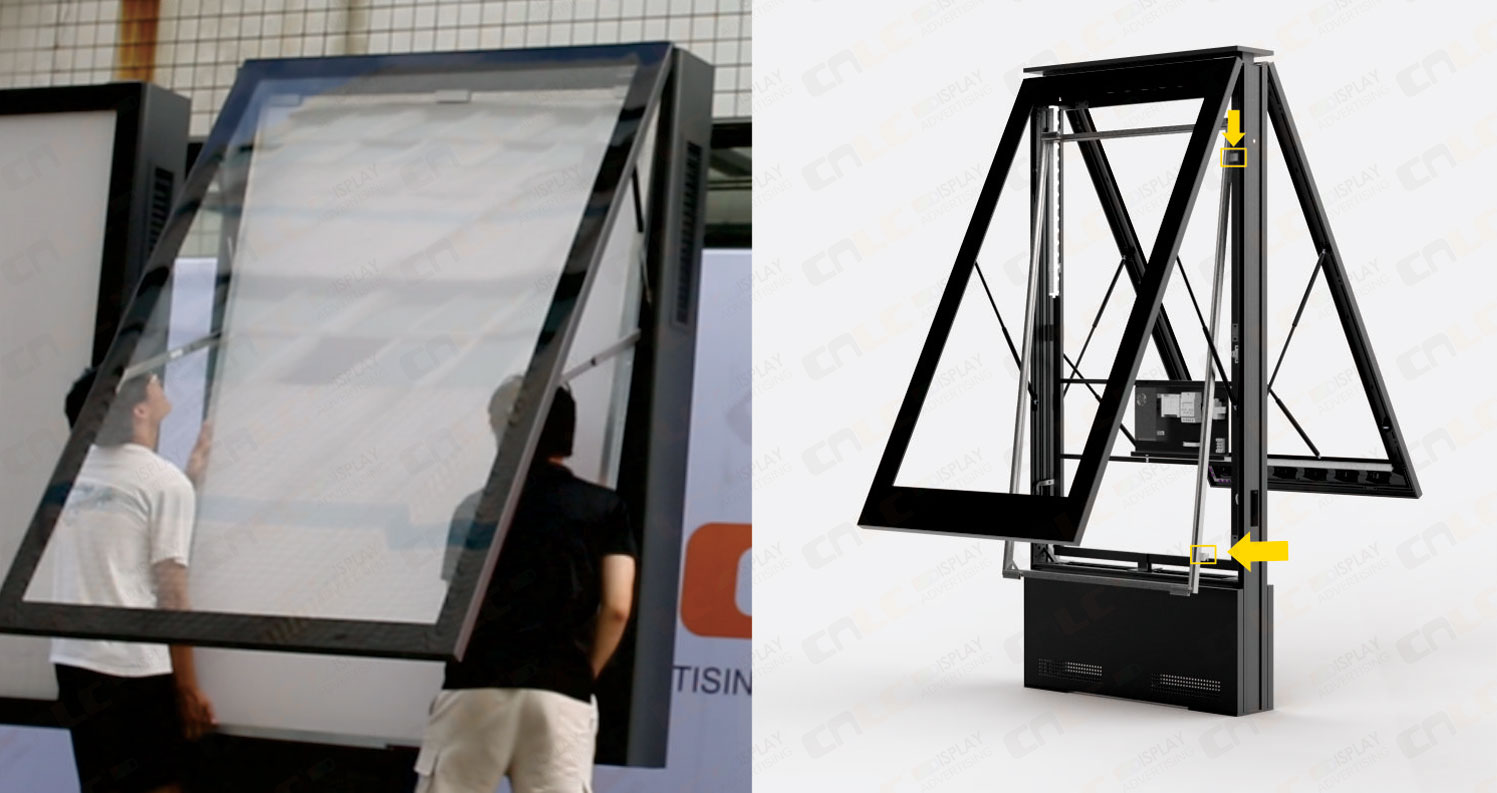 Dual-sided bus stop LED totem with lightbox featuring side-mounted clips and small rollers for easy poster replacement