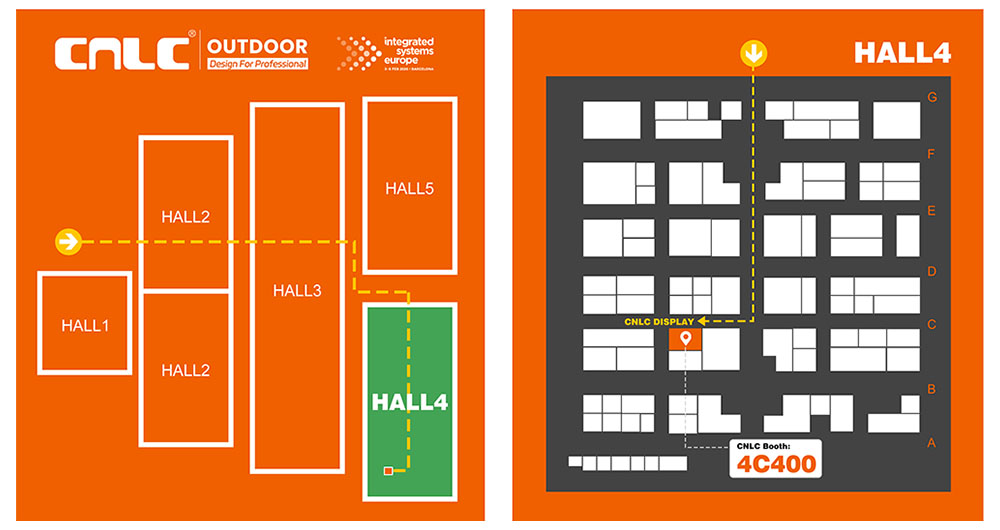 CNLC booth at ISE 2026 showing outdoor LED and LCD digital signage solutions