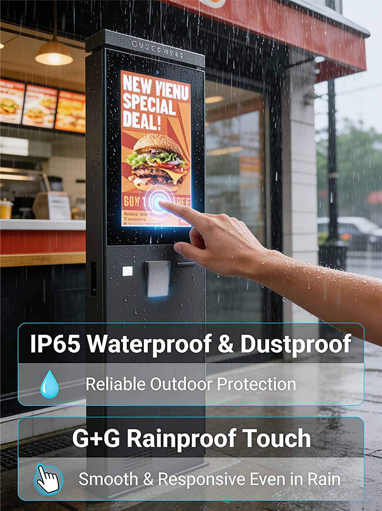 IP65 Weatherproof Protection IP65 rated outdoor kiosk with weatherproof and waterproof design for harsh environments