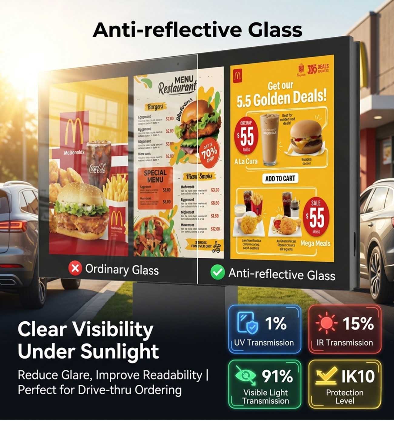 Anti-glare glass on drive-thru digital menu board enhancing readability even under direct sunlight
