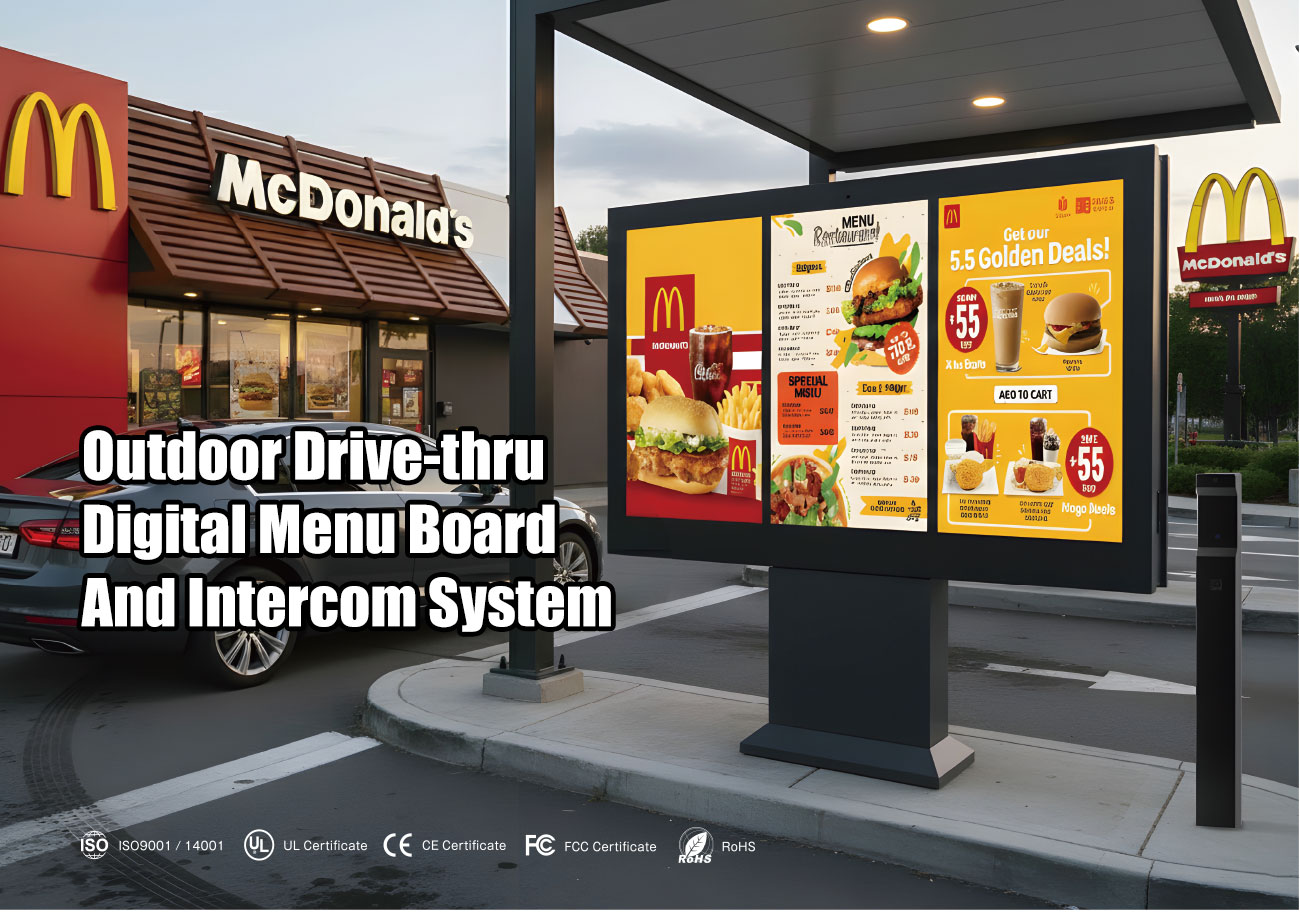Drive-thru digital menu board in a restaurant setting enabling fast self-service ordering