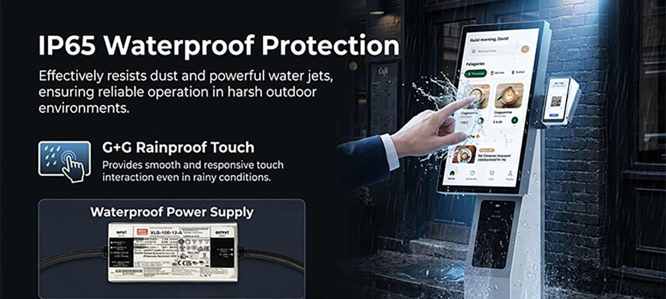 IP65 waterproof outdoor kiosk with responsive touchscreen for reliable all-weather interaction