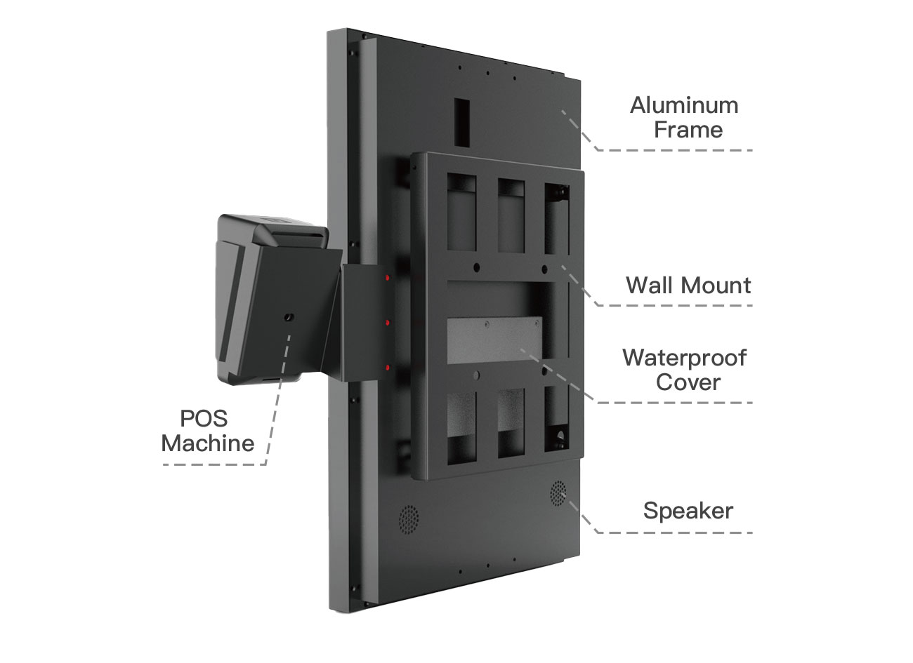 Outdoor interactive kiosk components including POS machine, aluminum frame, wall mount design, waterproof cover, and built-in speaker for self-service applications