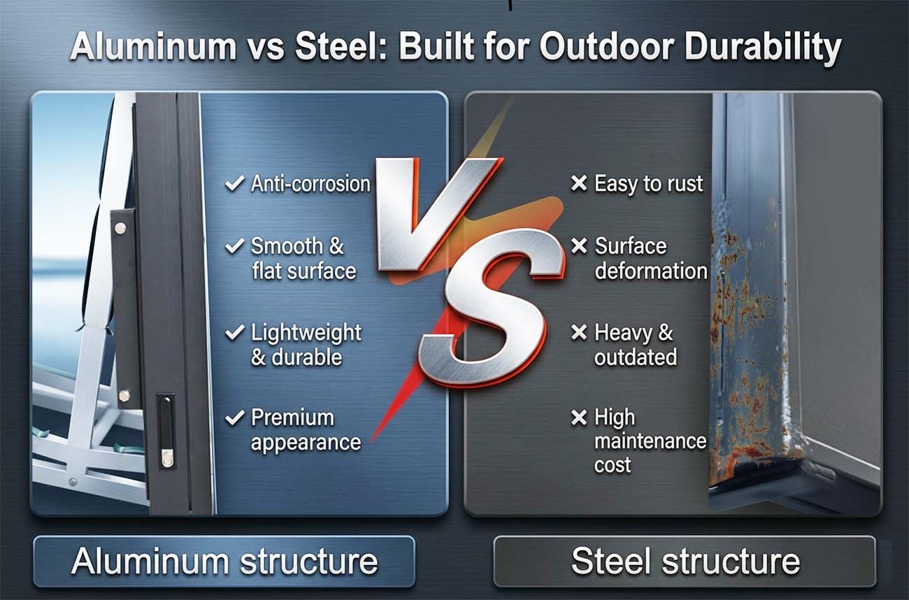 Aluminum vs steel structure comparison for outdoor digital signage, showing anti-corrosion and durability advantages