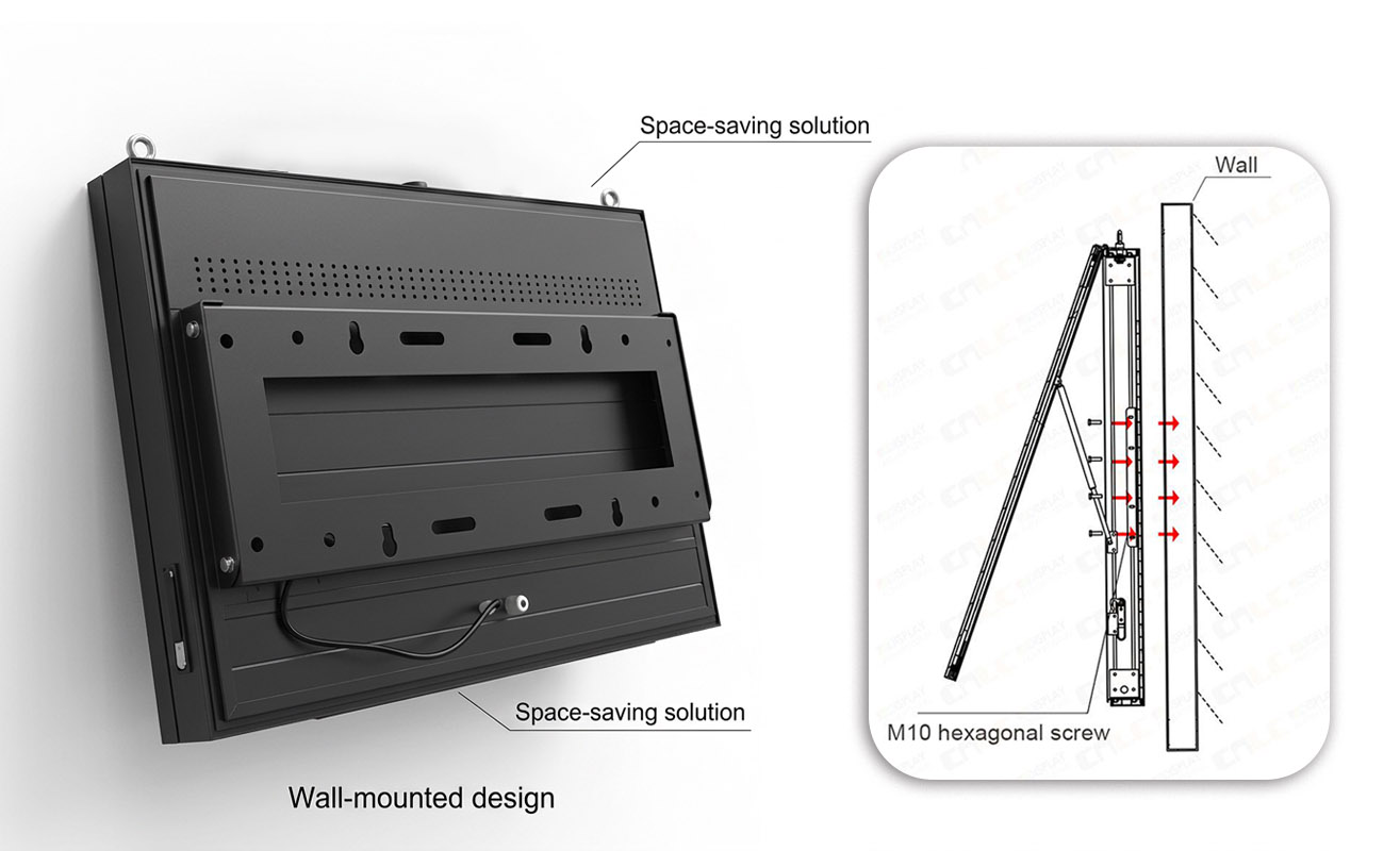 Outdoor LCD display wall-mounted installation with easy mounting structure and secure bracket system