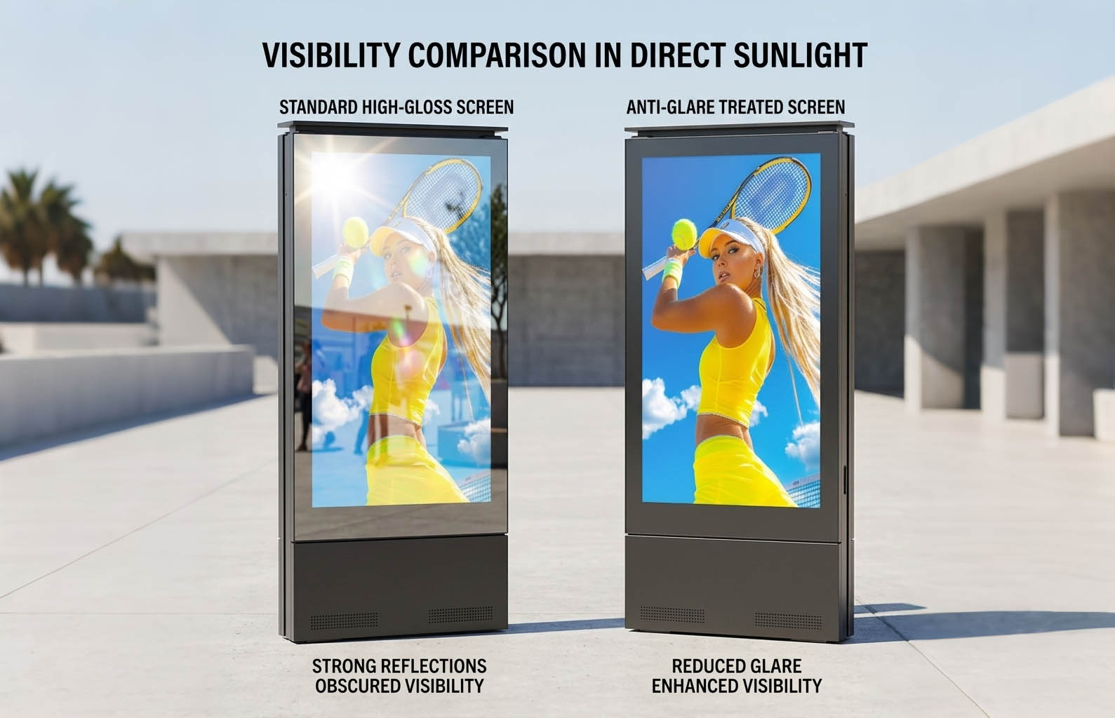 anti-glare vs regular glass comparison showing sunlight readable display performance for outdoor digital signage