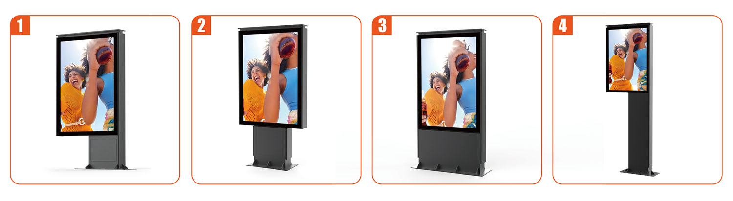 Outdoor LED totem with multiple base options including floor mounted and custom foundation designs