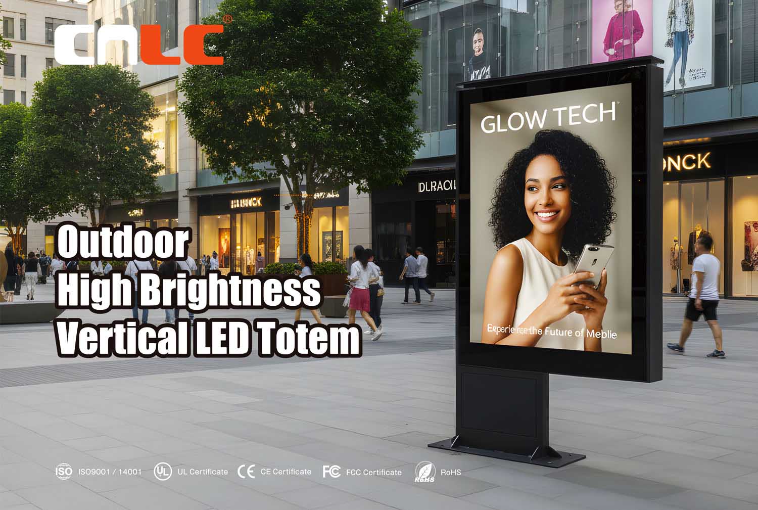 Outdoor LED totem digital billboard installed in a shopping mall plaza for advertising and public display