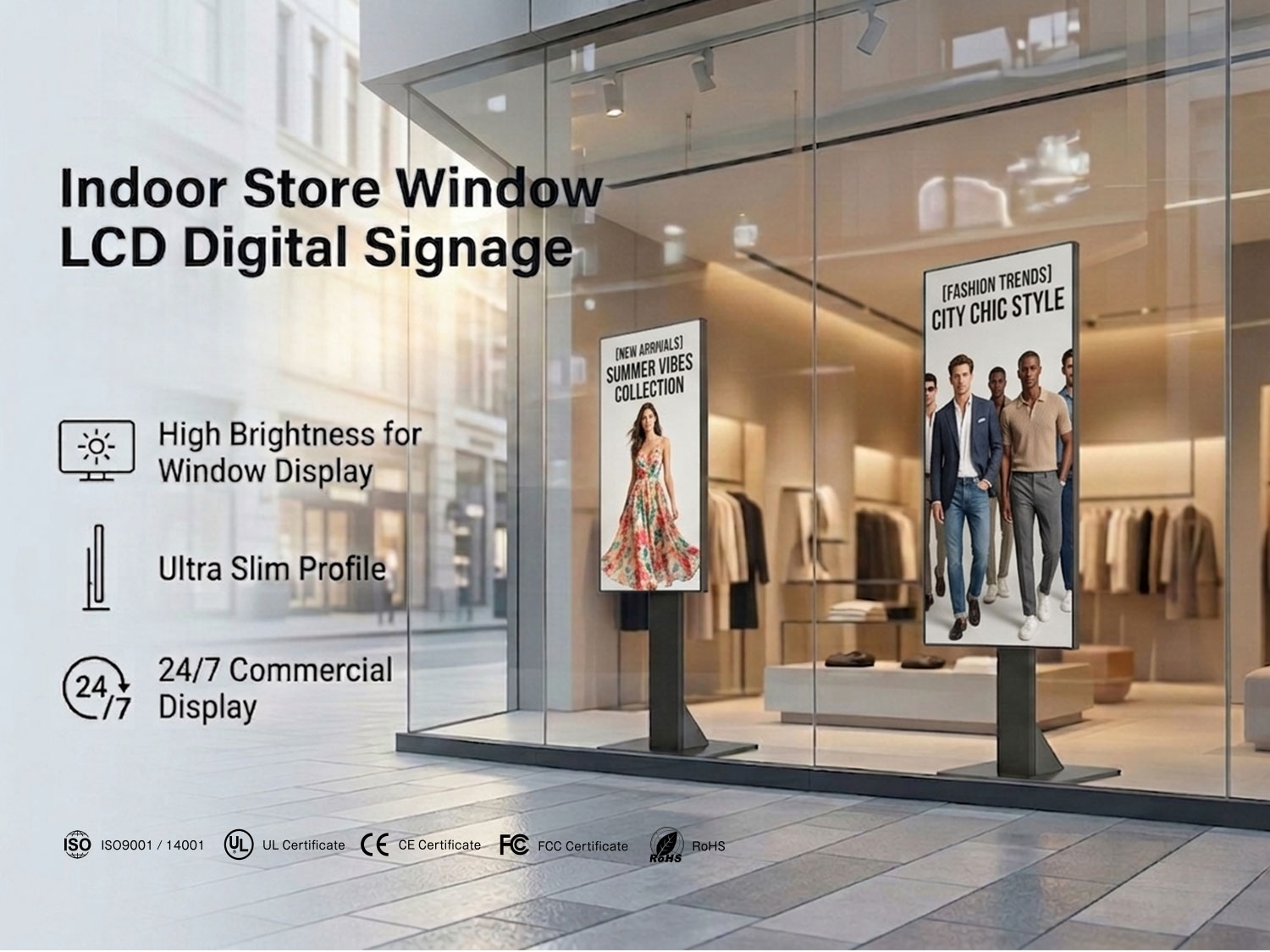 Visible Even in Direct Sunlight High brightness shop window display facing direct sunlight for retail advertising and storefront promotion