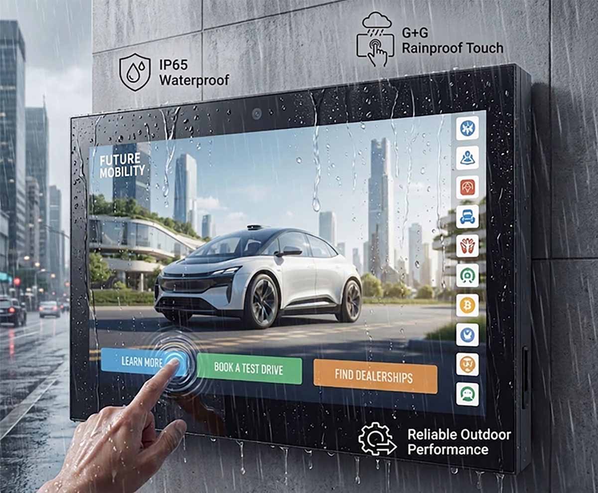 IP65 weatherproof touchscreen LCD display designed for reliable outdoor interactive applications