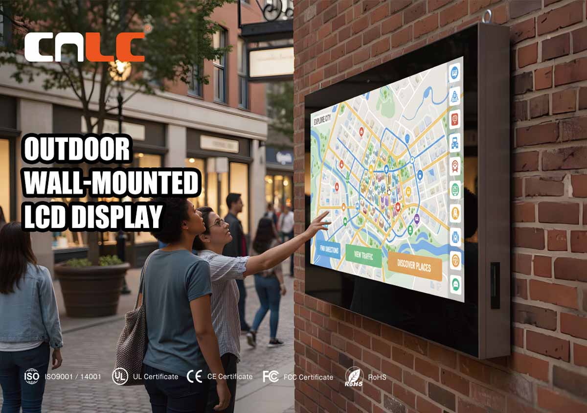 Wall-mounted outdoor LCD display installed on storefront for digital advertising and customer engagement