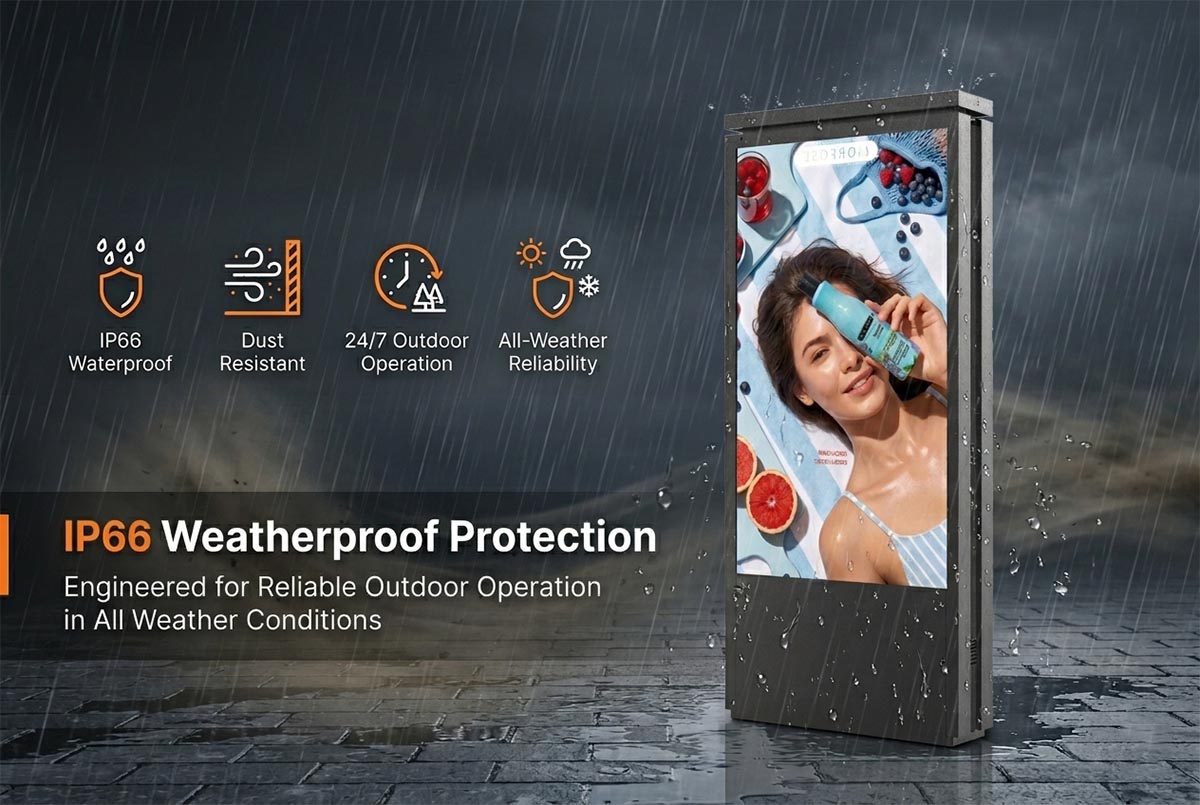 IP66 rated outdoor LED display enclosure designed for rain, dust and harsh weather conditions