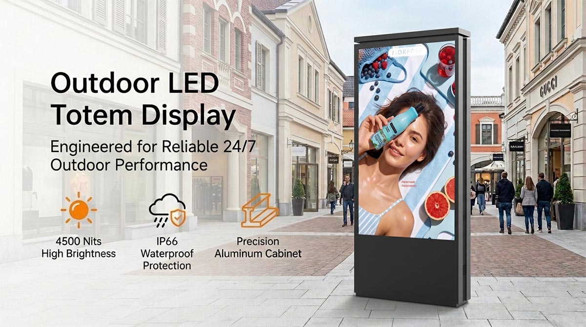 Outdoor LED Totem Built for Continuous 24/7 Performance High brightness outdoor LED totem display designed for reliable 24/7 operation in commercial environments