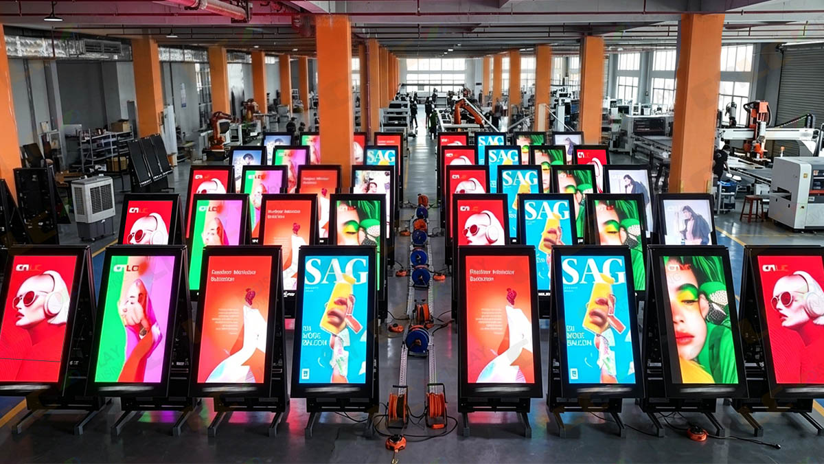 Batch installation of 50 P2.5 outdoor LED totem displays deployed for a digital signage project in Romania, designed for commercial advertising and public information.