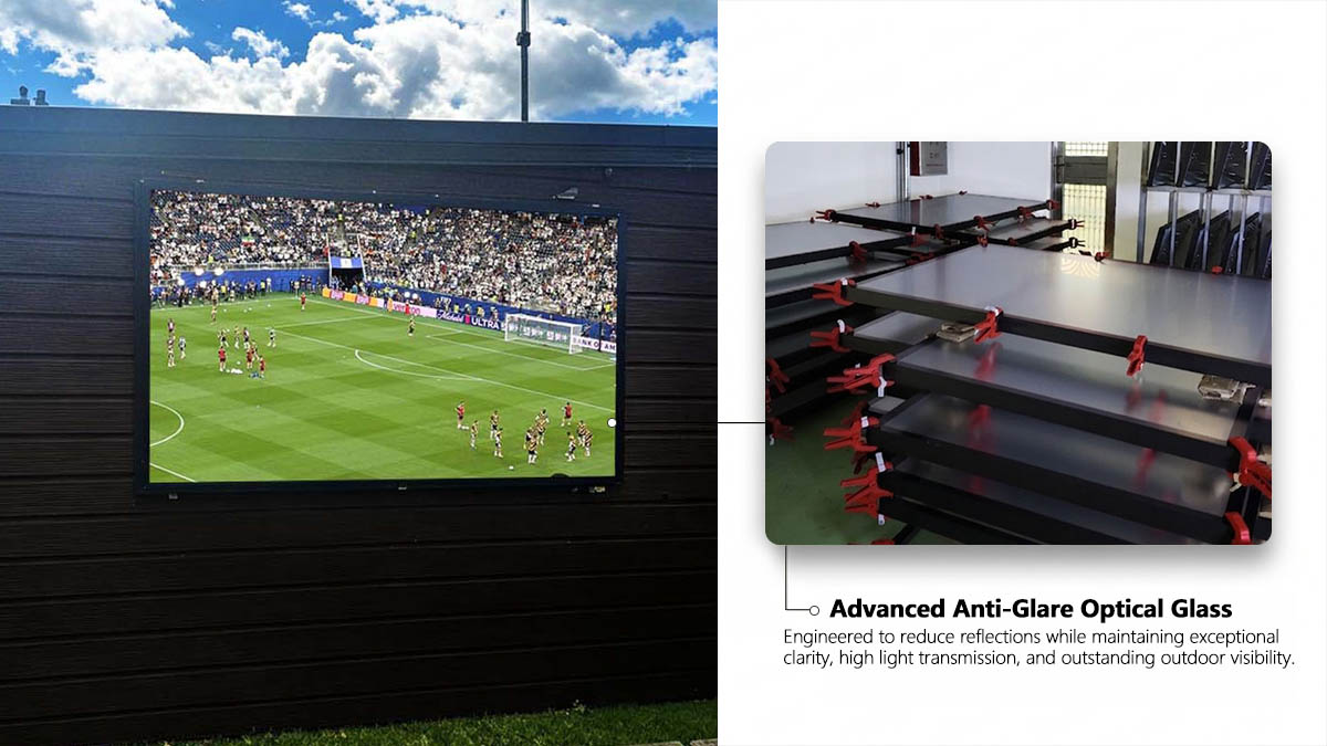 Anti-Glare Outdoor TV | Optical Glass with IK10 Protection Outdoor TV featuring advanced anti-glare optical glass with IK10 impact resistance, 91% visible light transmittance, 98% UV rejection, and 86% infrared rejection for superior outdoor visibility.
