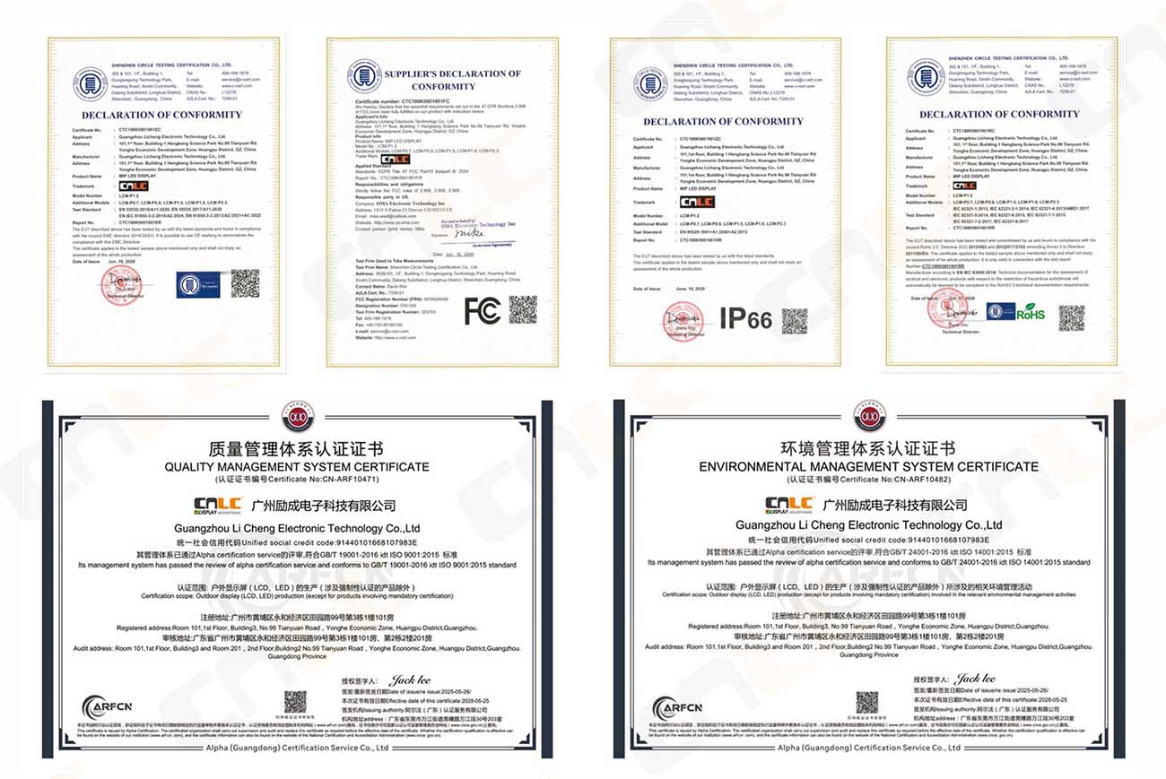 International certifications for outdoor LED displays, including CE, FCC, RoHS, EMC, LVD, IP66, IK10, and ISO compliance for global commercial applications.