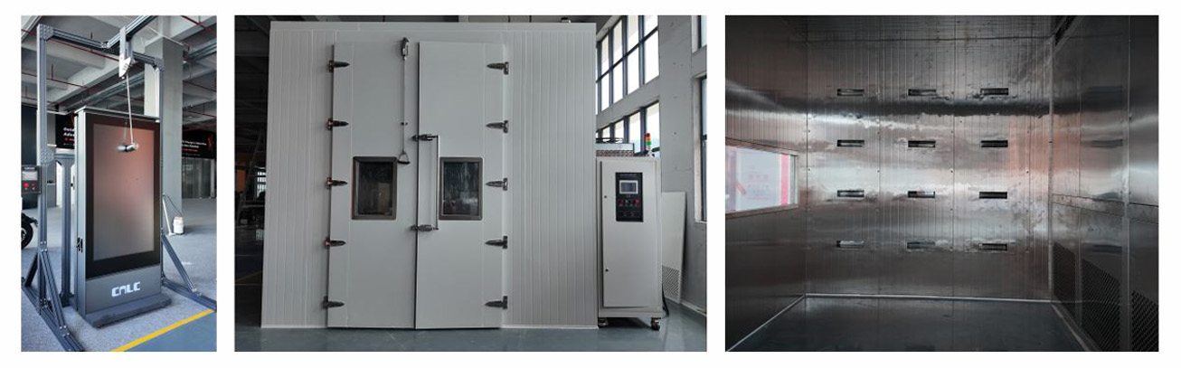Outdoor LED Display Reliability & Environmental Testing Outdoor LED display undergoing comprehensive reliability testing, including IK10 impact resistance and environmental temperature chamber validation for long-term outdoor operation.