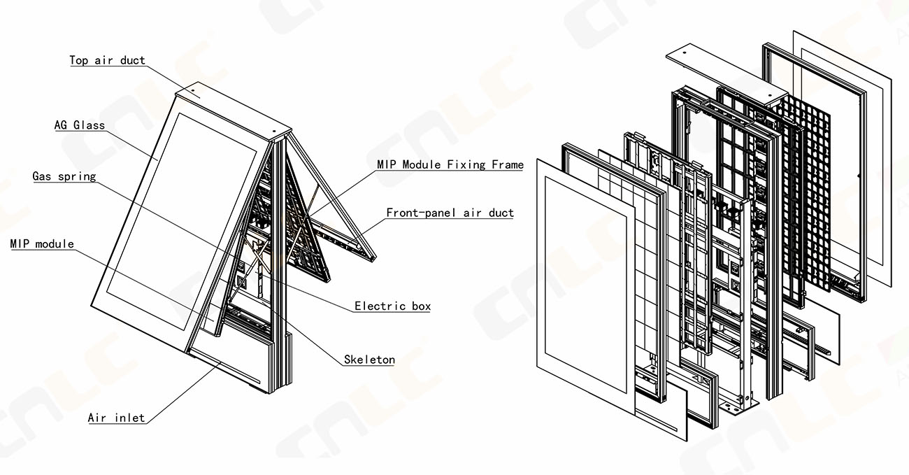 Precision Aluminum Outdoor MIP LED Cabinet Structure Exploded view of the precision aluminum cabinet designed for outdoor fine pitch LED displays.