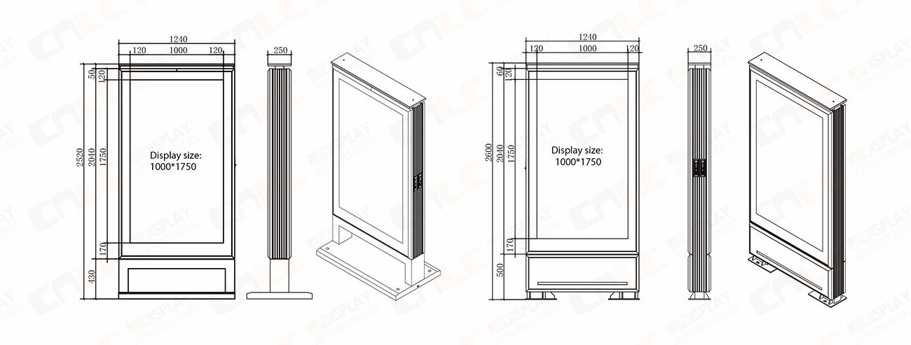 Dimension drawing of the outdoor LED totem display with cabinet size and installation specifications