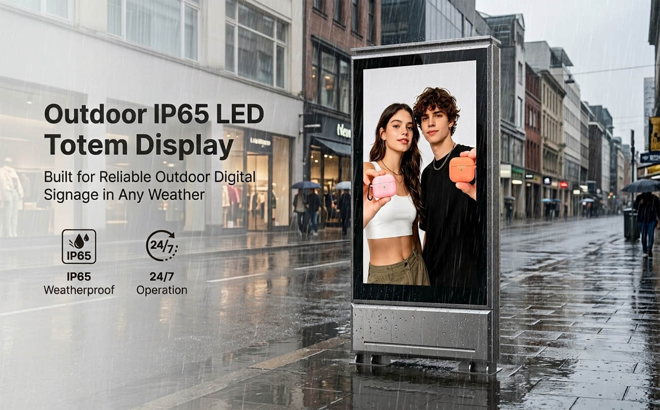 Outdoor LED signage operating in heavy rain with IP65 waterproof protection
