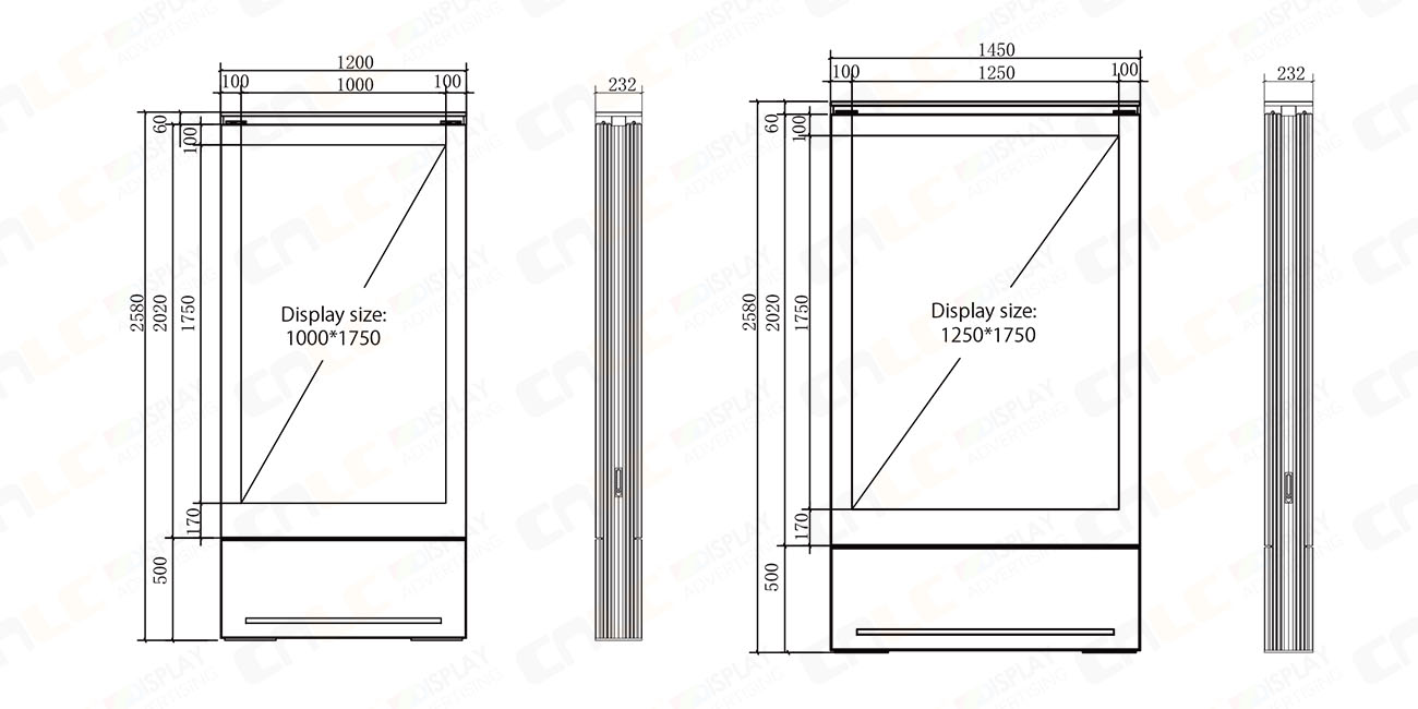 Technical dimension drawing of an outdoor LED totem display with installation measurements