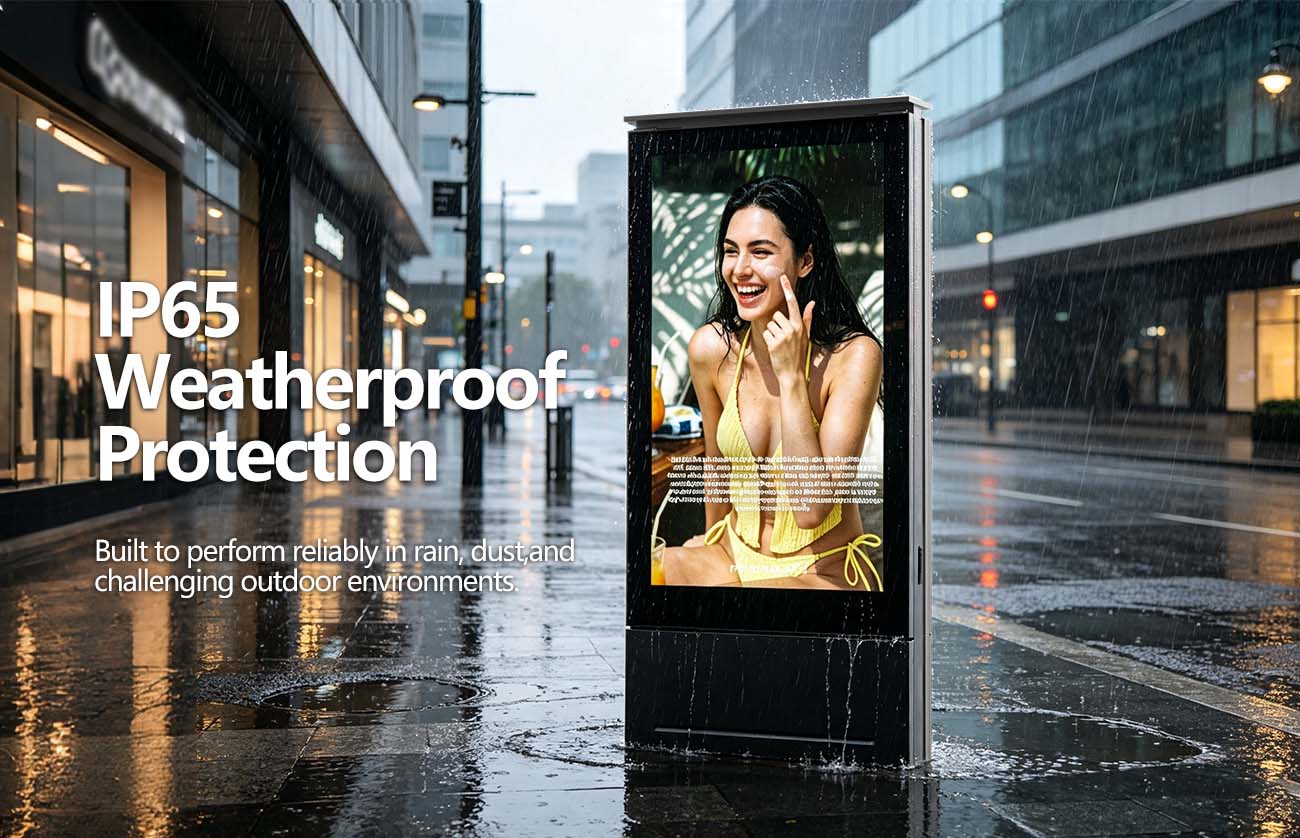 Outdoor LED advertising display operating in heavy rain with IP65 weather protection