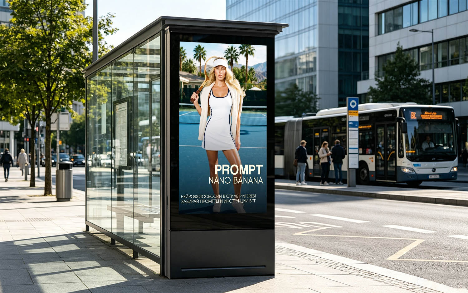 Modern outdoor LED totem display installed at a smart city bus stop for digital advertising and passenger information
