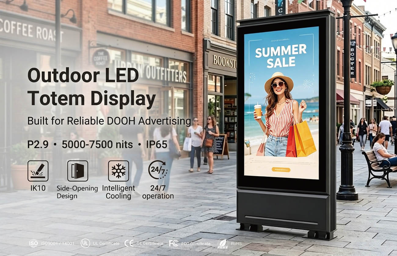 High-brightness outdoor LED totem display for DOOH advertising with IP65 weatherproof aluminum cabinet
