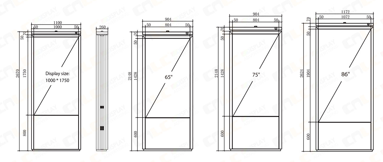 Dimension drawing of outdoor LED totem display showing cabinet size and installation measurements
