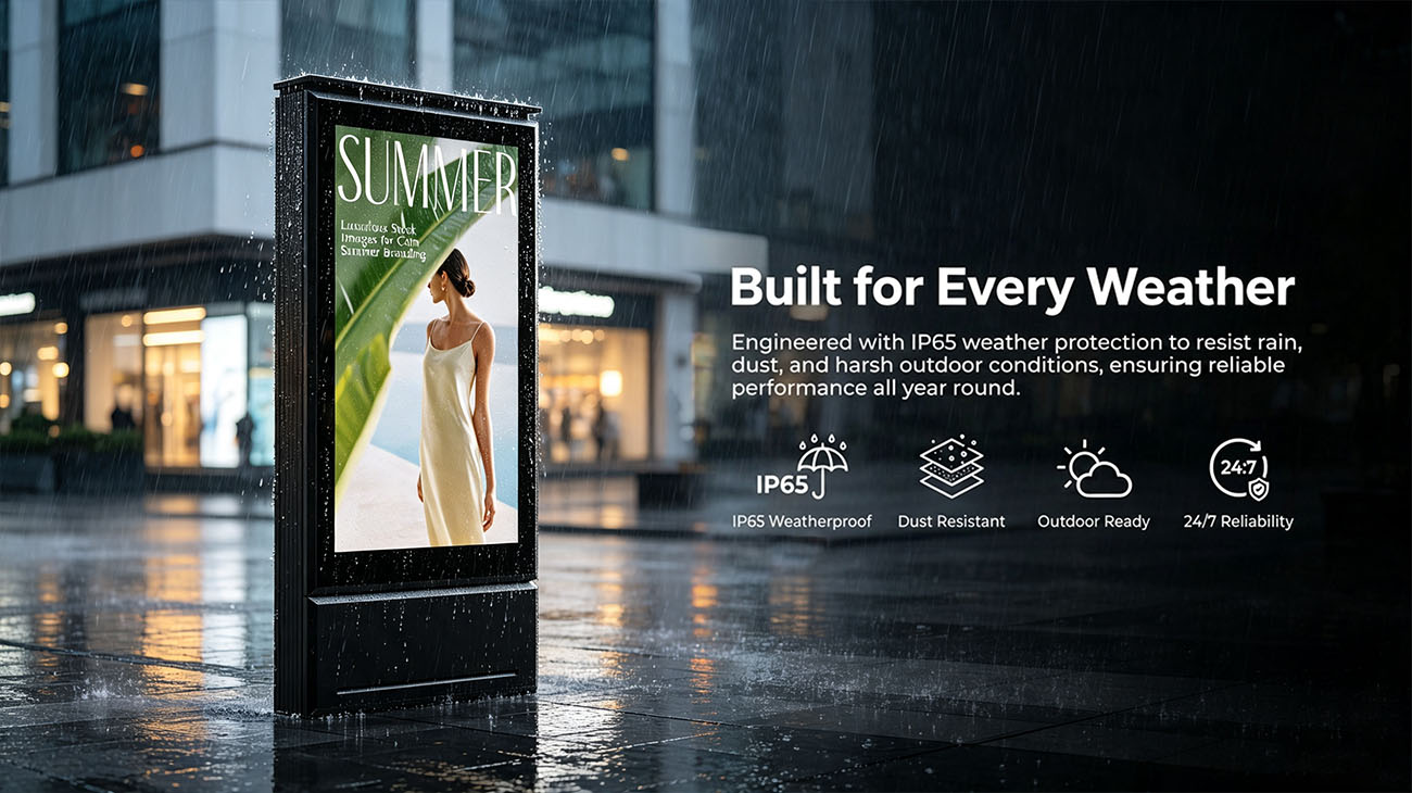 IP65 Outdoor LED Totem Built for All-Weather Digital Signage Outdoor LED signage operating in heavy rain with IP65 waterproof protection