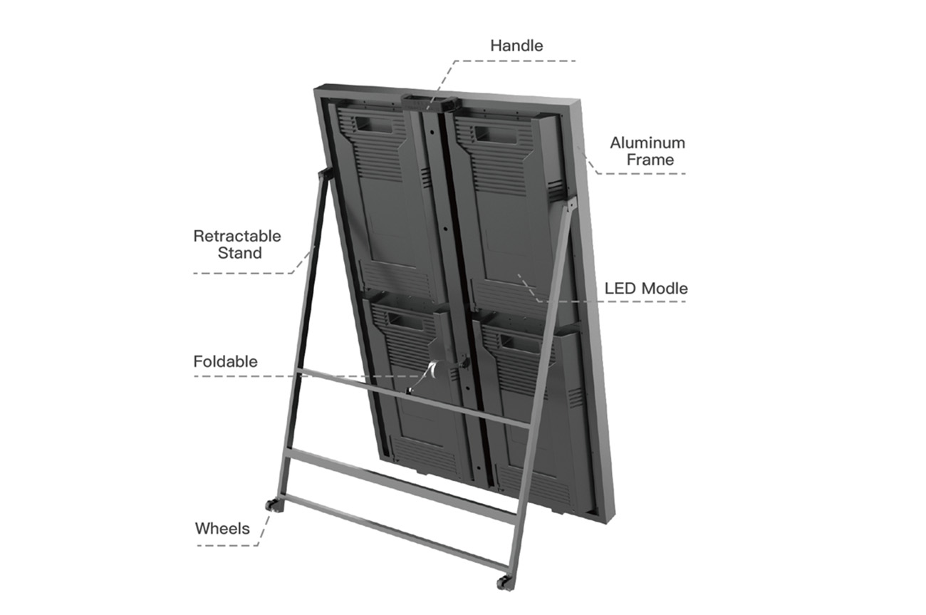 Designed for Mobility Rear design of portable LED sign featuring removable battery, wheels, retractable stand, and aluminum frame