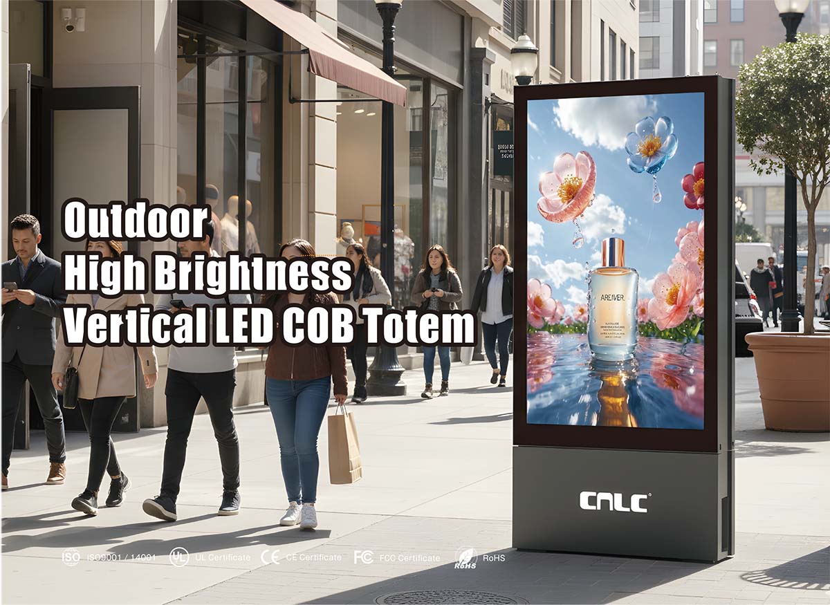 Commercial outdoor P1.25 COB LED totem display for shopping malls, business districts and smart city digital signage with IP66 protection and intelligent cooling.