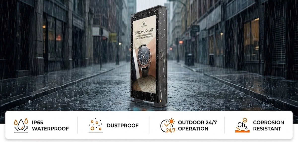 All-Weather Touch Experience IP65 outdoor MIP LED display built for continuous all-weather performance