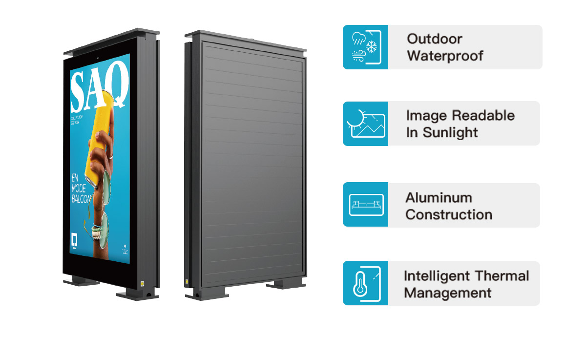 Engineered for Public Environments Outdoor MIP LED totem featuring ambient light sensor, IK10 protective glass, aluminum housing, and fine pitch LED display