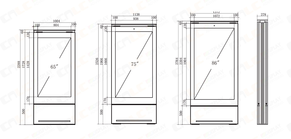 65inch、75 inch and 86 inch outdoor LED totem display size options for commercial digital signage solutions