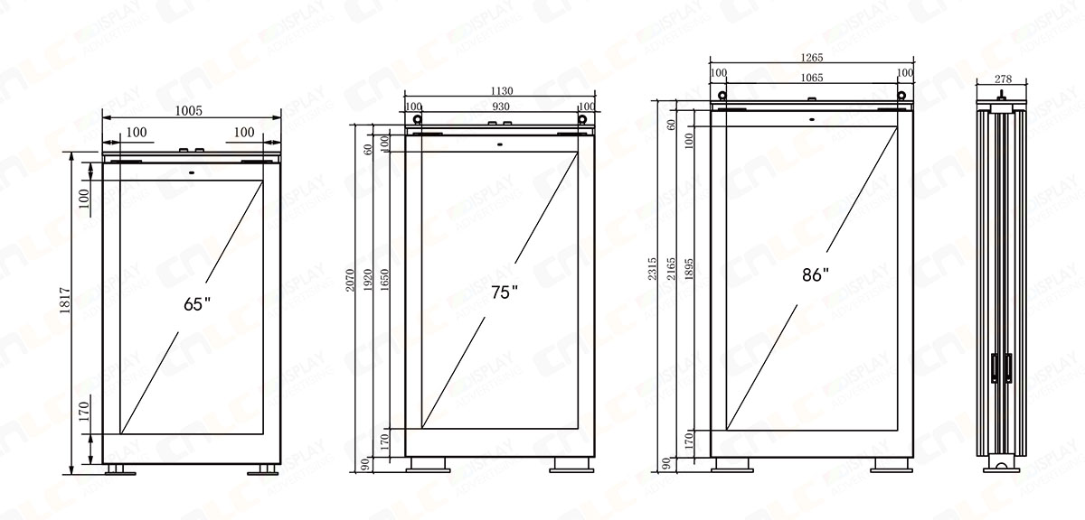 Technical dimensions of 3500 nits outdoor LCD digital signage display