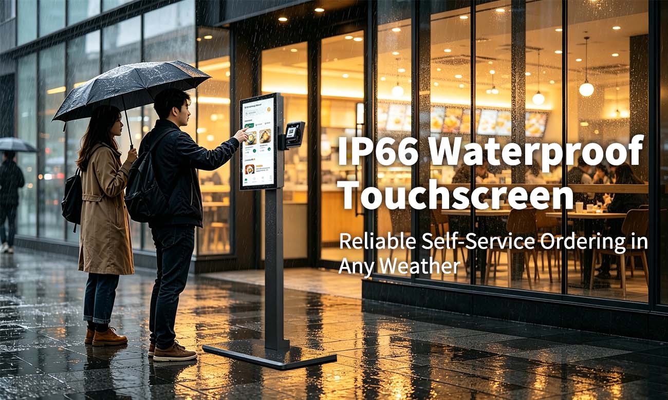 IP66 waterproof kiosk, rainproof touchscreen display, outdoor touch terminal, waterproof self service kiosk
