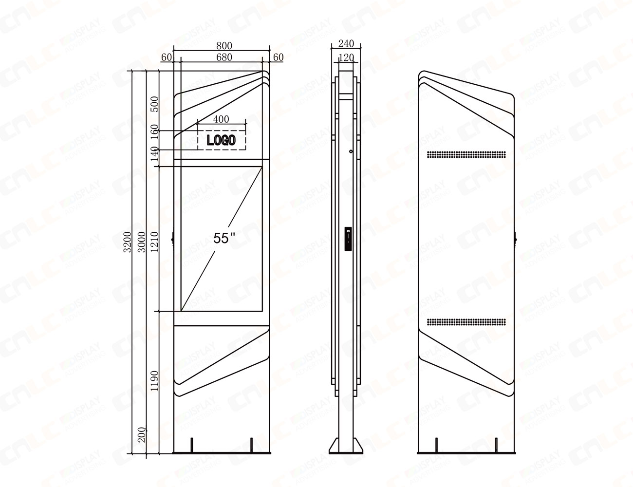 Designed for Urban Deployment Technical drawing of smart city interactive kiosk showing dimensions and installation specifications