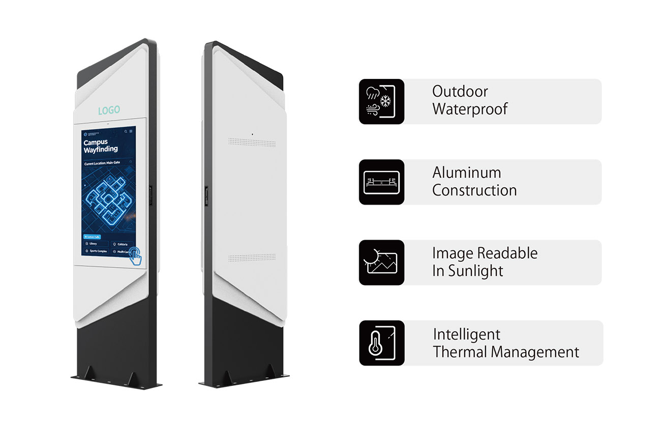 Engineered for Public Environments Smart city kiosk featuring ambient light sensor, IK10 tempered glass, steel housing, and commercial grade LCD display