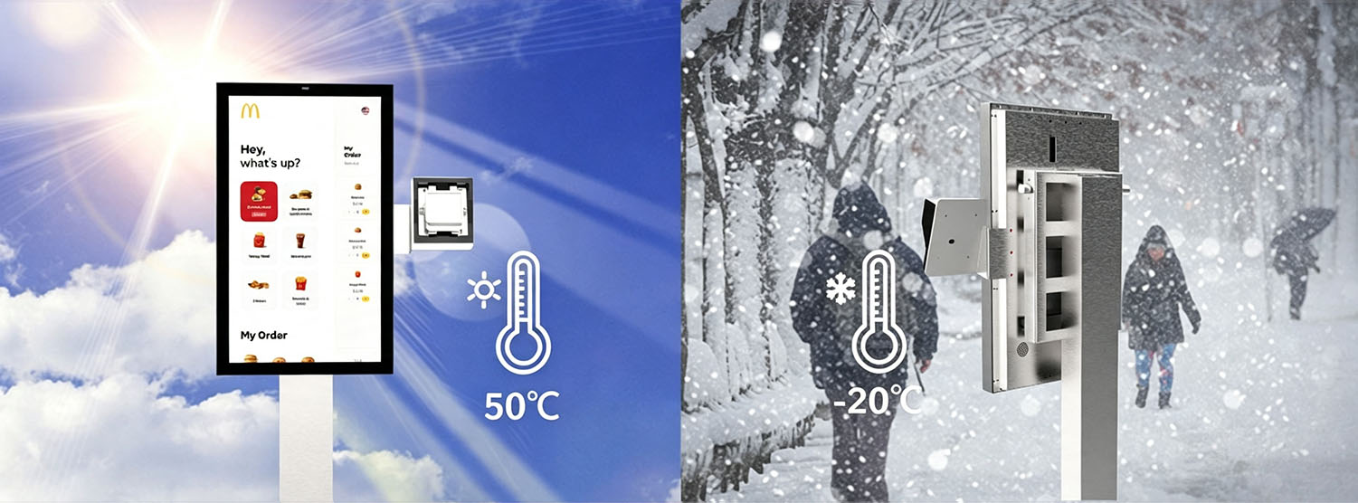 wide temperature outdoor kiosk, -20&deg;C to 50&deg;C operation, harsh environment terminal, outdoor touchscreen display