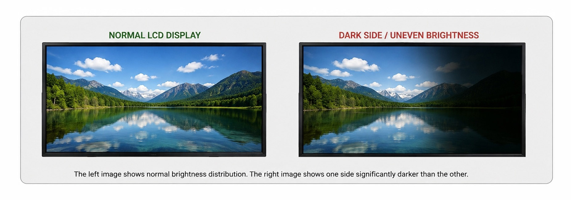 LCD Display Uneven Brightness: Dark Side Commercial LCD display with uneven brightness and a visibly darker side caused by backlight or panel issues