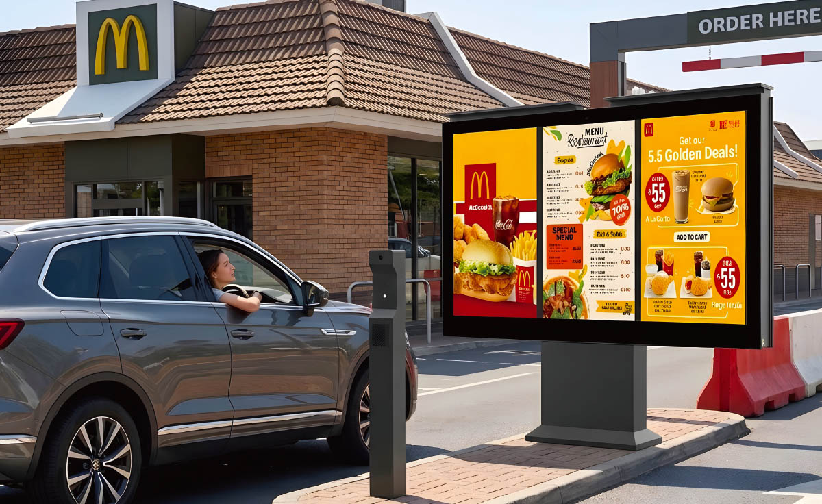 CNLC drive-thru digital menu board with LCD screen and intercom system at a drive-thru restaurant.