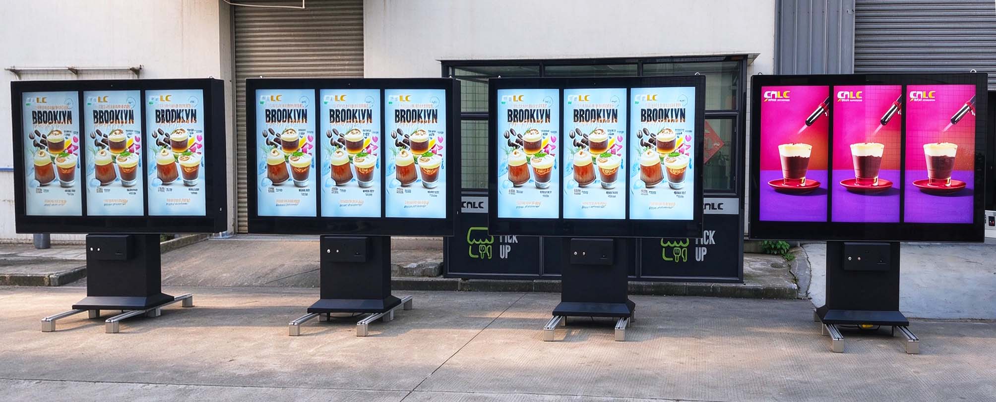 Multiple CNLC drive-thru digital menu boards assembled at the manufacturing facility.
